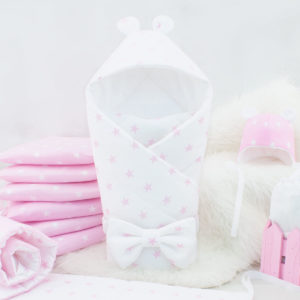 Конверт-одеяло для новорожденных летний Звездный Мишка белый с розовым