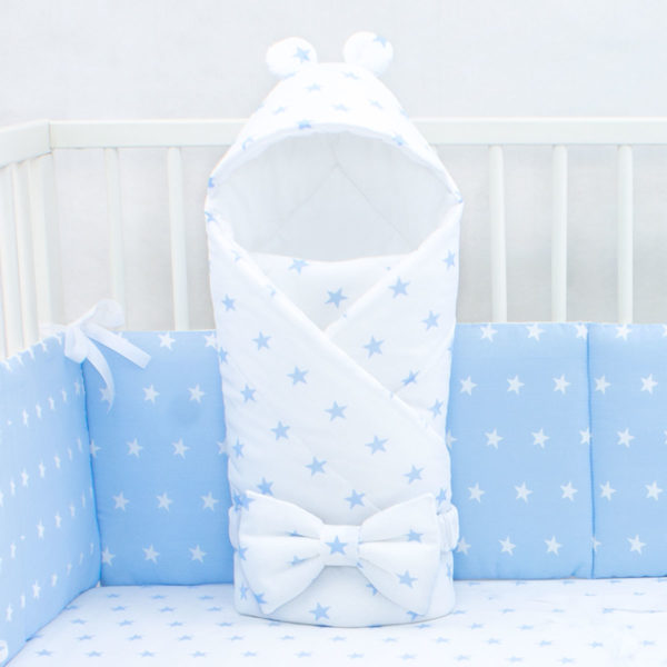 Конверт-одеяло для новорожденных демисезонный Звездный Мишка белый с голубым